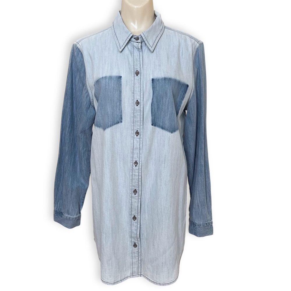 Chico’s Denim Contrast Pocket Long Sleeve Tonal Bliss Wash Button Shirt NWT